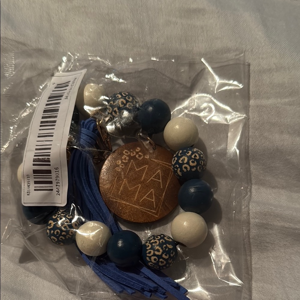 Blue and White Beaded Keychain Bracelet with Tassel